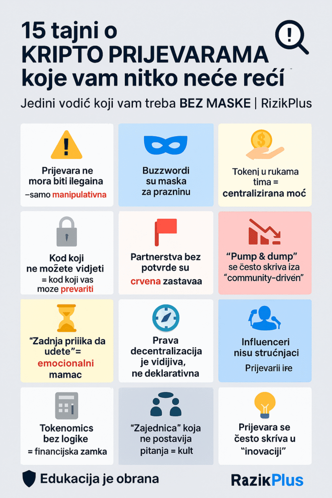 Infografika: 15 tajni o kripto prijevarama koje vam nitko neće reći — Bez Maske vodič za prepoznavanje manipulacije, centralizacije i lažnih obećanja