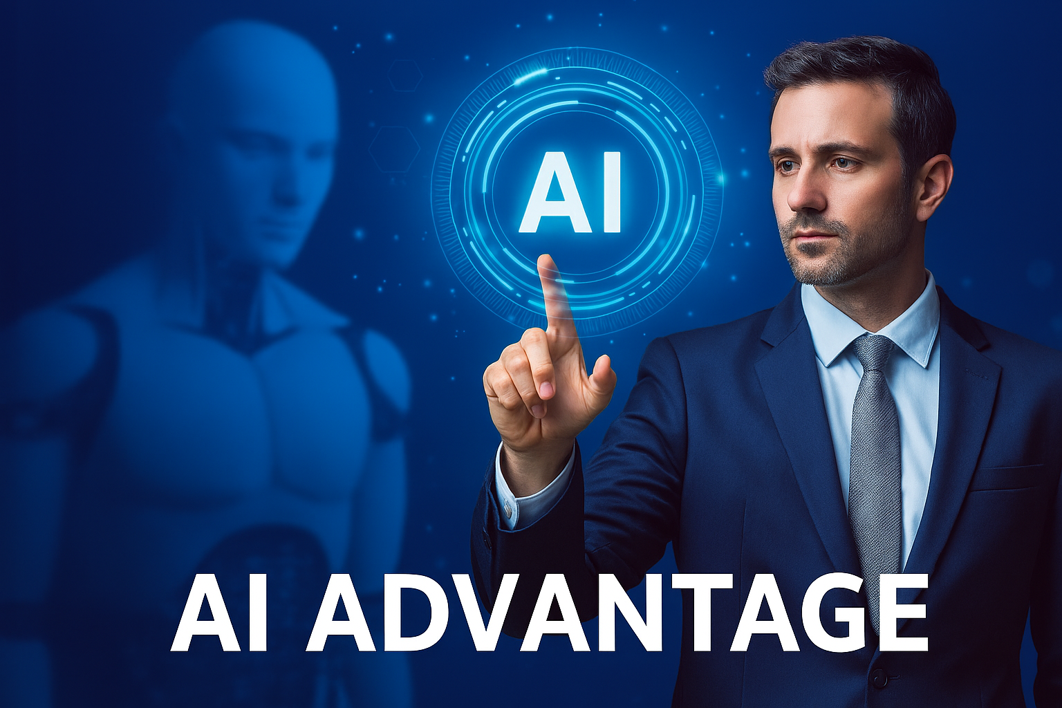 Slika koju sam generirao prikazuje poslovnog čovjeka i stilizirani AI entitet kako zajedno surađuju u digitalnom okruženju.