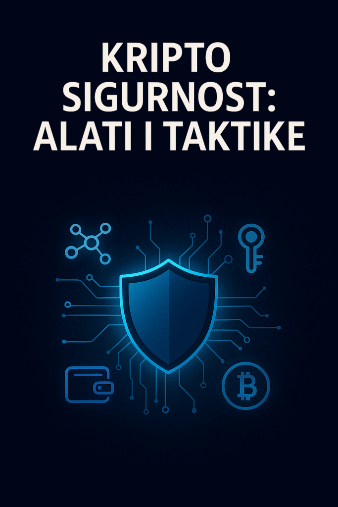 "Digitalni štit okružen kripto ikonama (novčanik, ključ, blockchain čvorovi, Bitcoin simbol) na tamnoj pozadini, s natpisom 'Kripto sigurnost: Alati i taktike'."