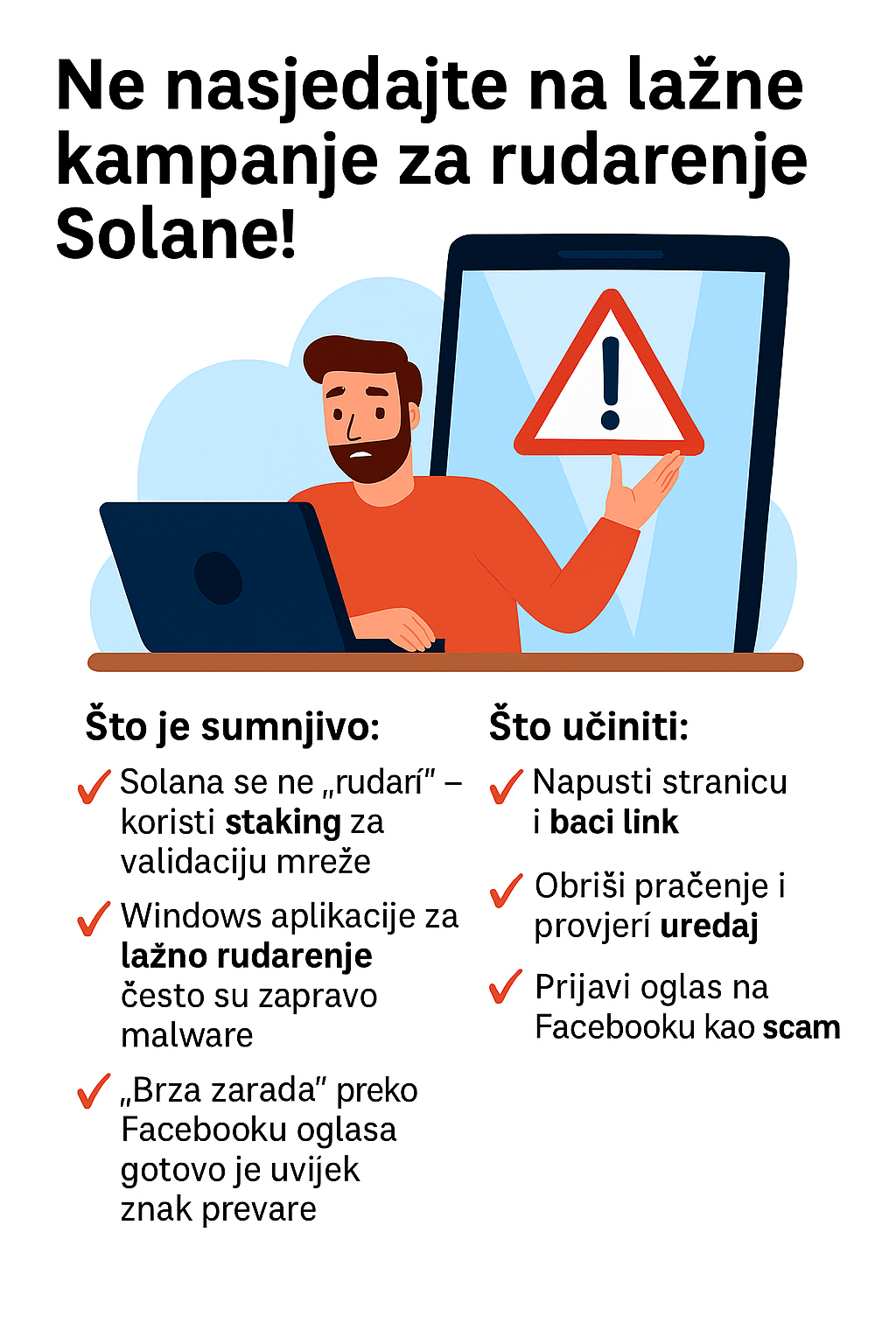 Solana se ne rudari. Oglasi koji tvrde suprotno su prevara. Ne instaliraj nepoznate aplikacije. Ne dijeli osobne podatke. Prijavi oglas. Zaštiti sebe i druge.