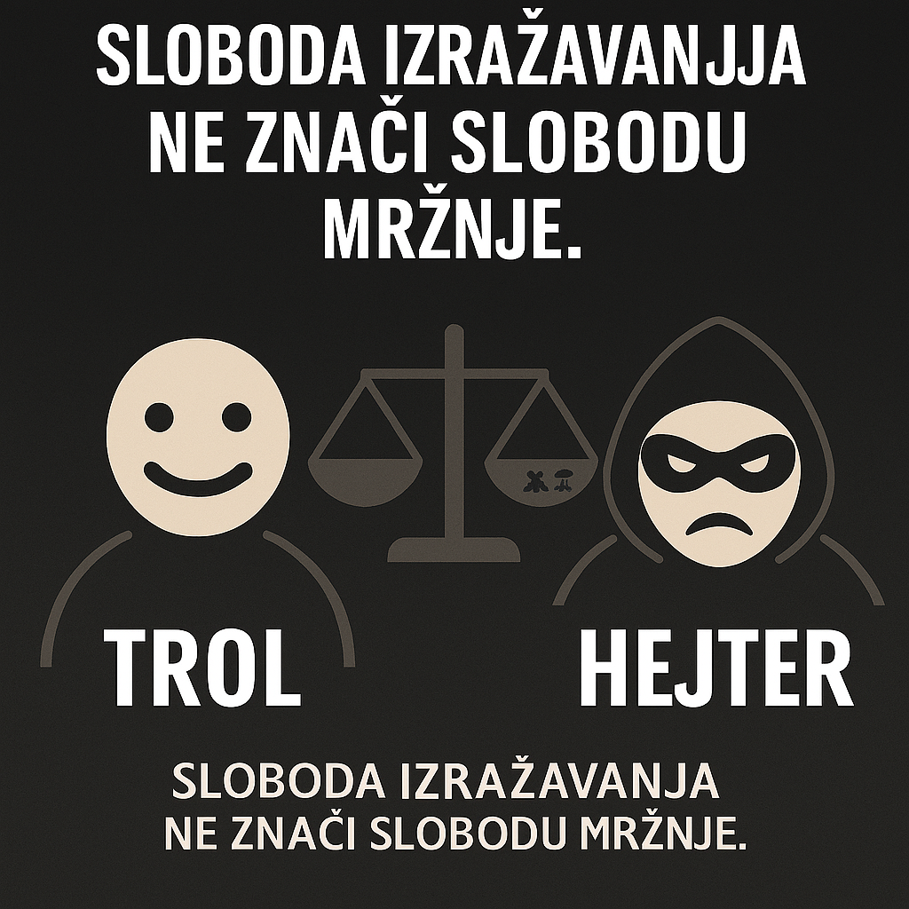 Sloboda izražavanja ne znači slobodu mržnje.”Ilustracija prikazuje trola i hejtera u kontrastu, s balansnom vagom u sredini – vizualni simbol granice i odgovornosti. Tamna pozadina i snažna tipografija pojačavaju manifestni ton.