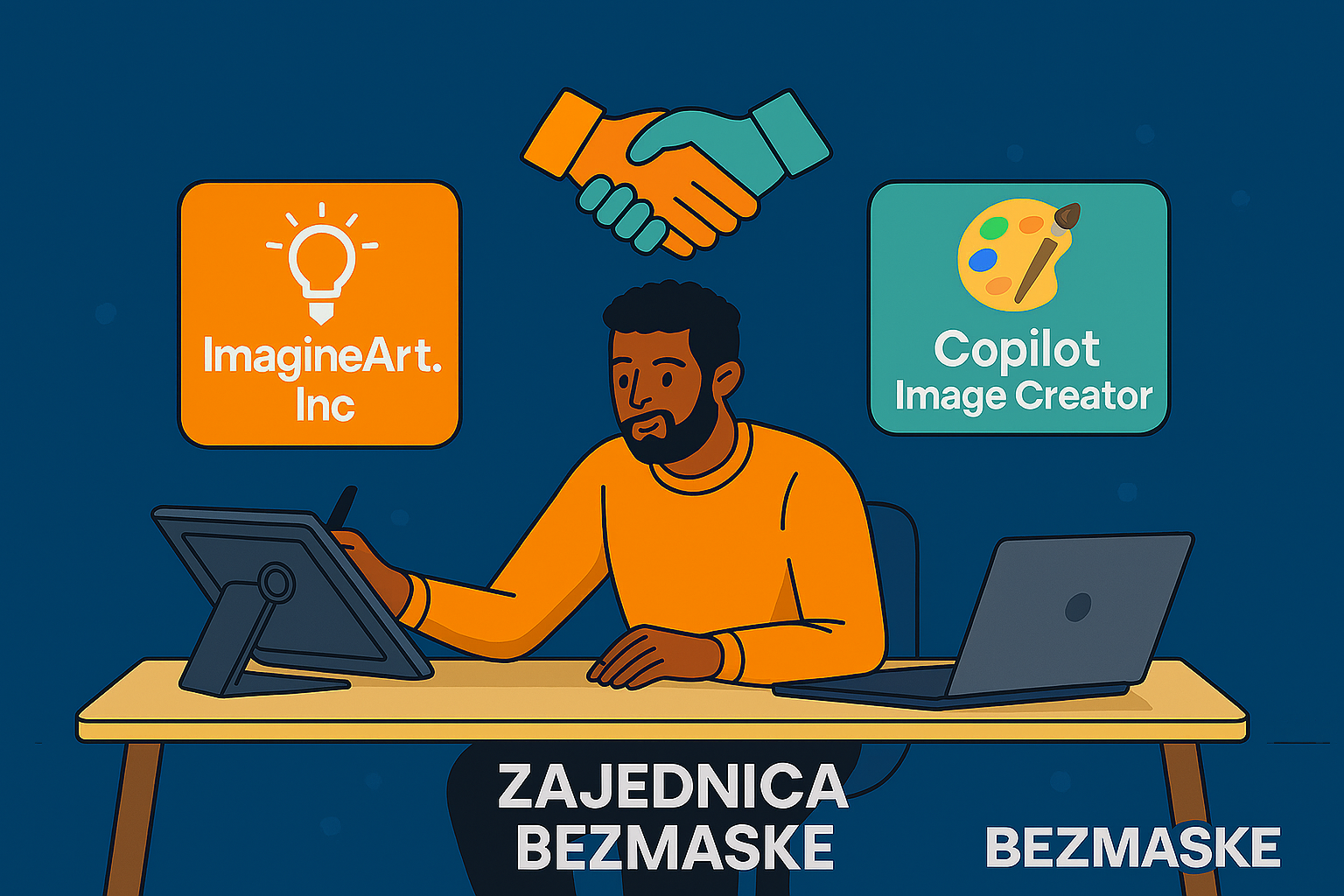 Kreator u središtu: osoba koja upravlja ImagineArt Inc i Copilot Image Creator sučeljima.