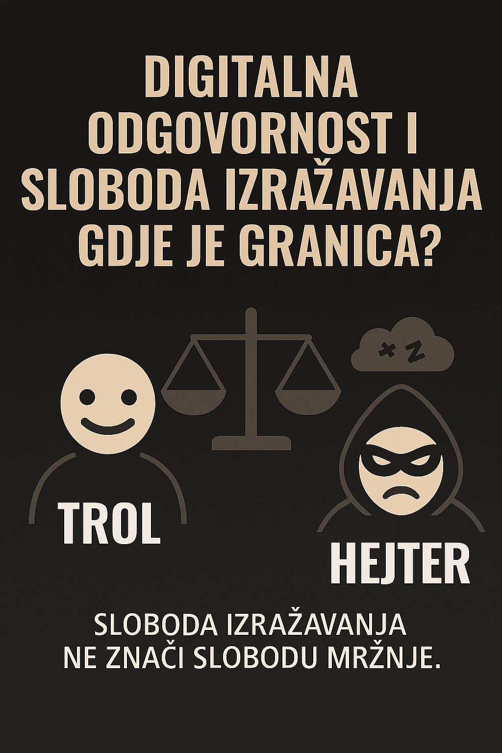 Na vizualu dominira: Tamna pozadina s kontrastnim bež slovima Balansna vaga u sredini kao simbol granice i odgovornosti Naslov: “Digitalna odgovornost i sloboda izražavanja – gdje je granica?” Parola ispod: “Sloboda izražavanja ne znači slobodu mržnje.”