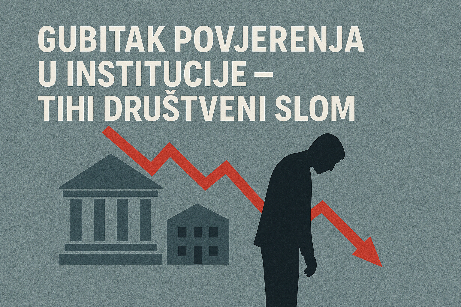 Simbolična ilustracija gubitka povjerenja u institucije: puknuti stup, urušena fasada i crvena linija pada
