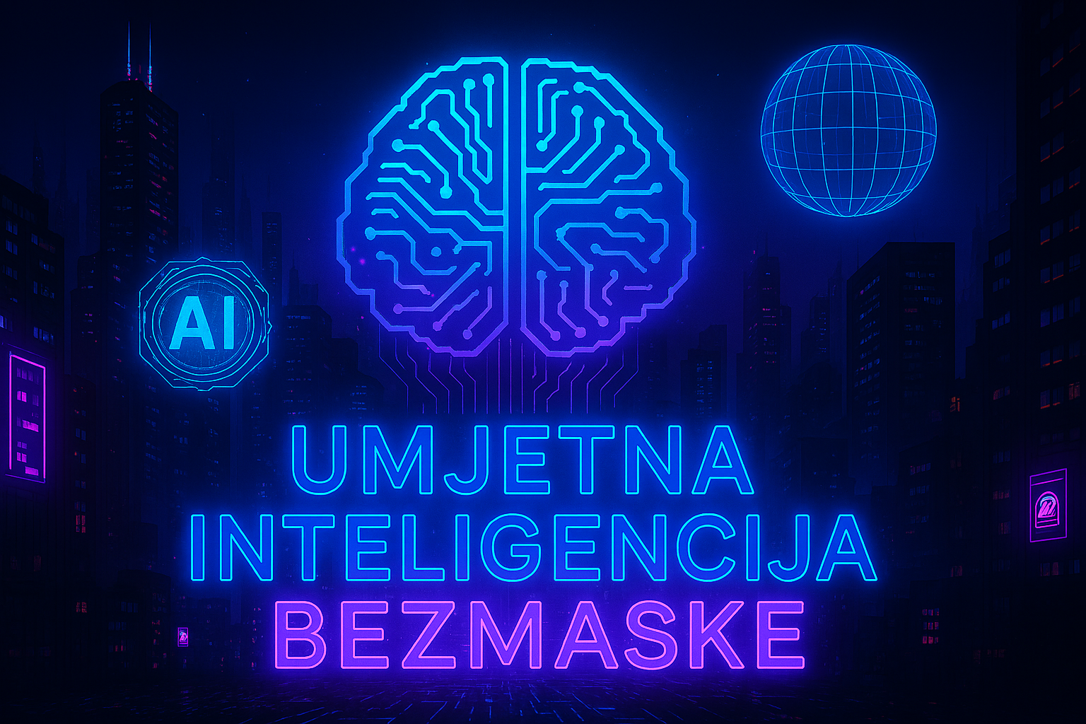Neon tekst “UMJETNA INTELIGENCIJA BEZMASKE” dominira kompozicijom, a pozadina prikazuje tamni cyberpunk grad s hologramima i AI simbolima u ljubičasto‑plavoj estetici.